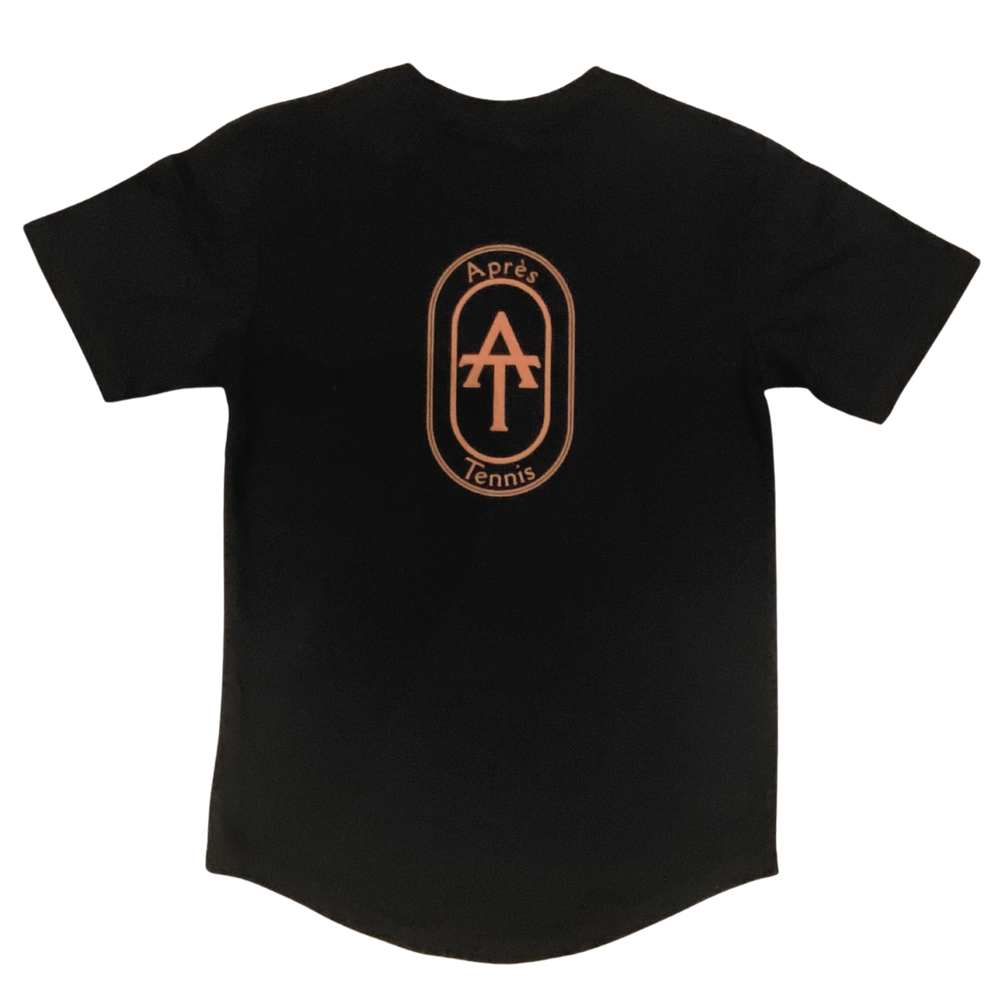 Back view of limited edition black Après‑Tennis t-shirt on white background – large rust orange Après‑Tennis logo, unisex cotton crew neck, regular fit, curved bottom hem